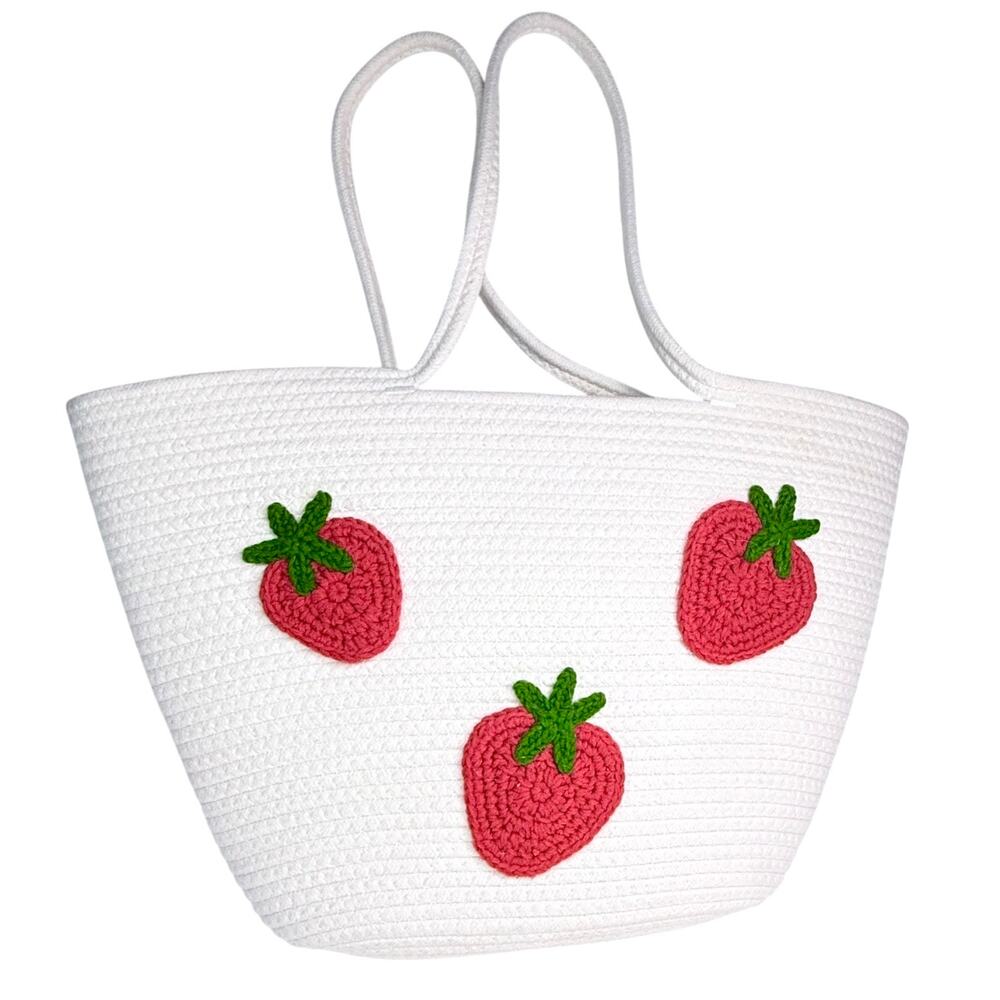 Crochet Strawberry Tote Bag White Rope Red Berry Market Beach Handbag Purse 22”